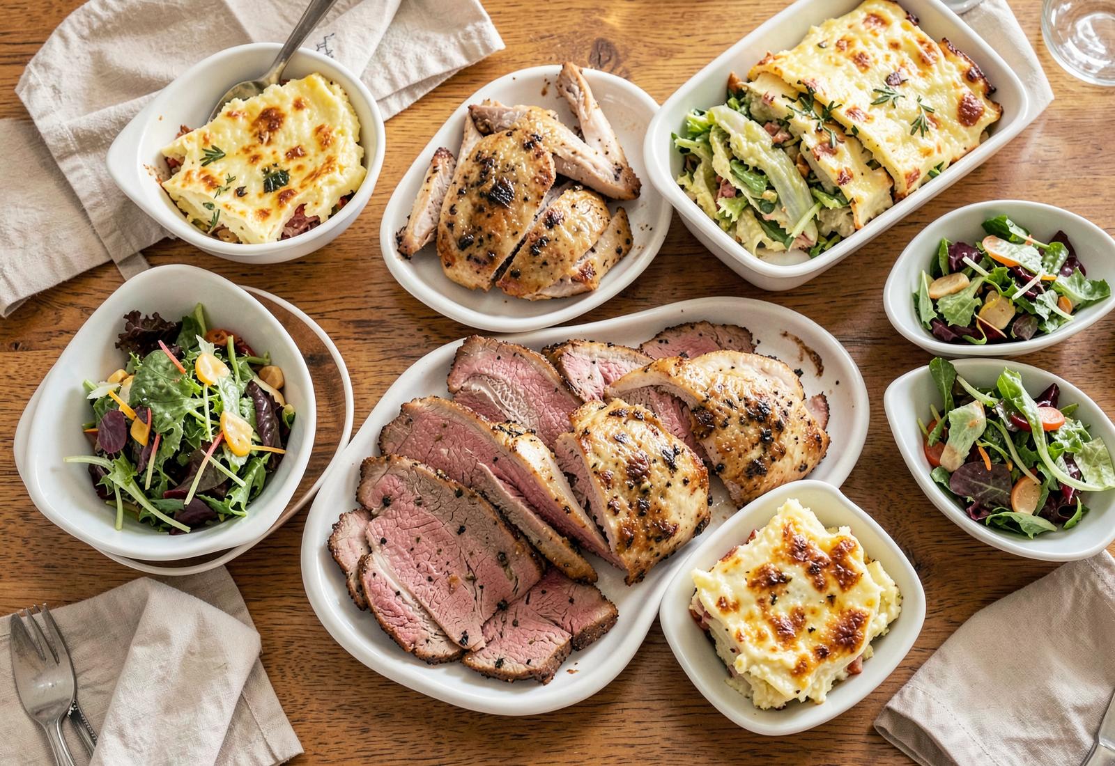 Buffet med okseculotte, kylling, flødekartofler og salater på et spisebord