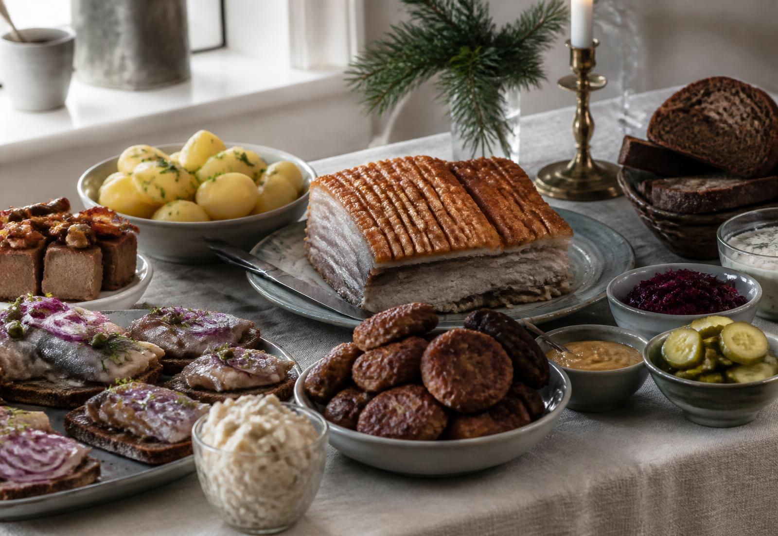 Julefrokostbord med sild, leverpostej og flæskesteg