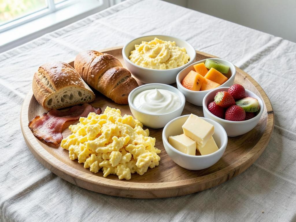 Brunchfad med røræg, bacon, brød, ost og frugt